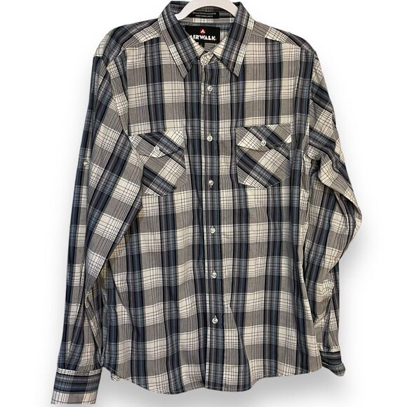 Airwalk Button Up Shirt Men's Large Gray Pockets Casual Western Outdoor Plaid - Picture 1 of 11
